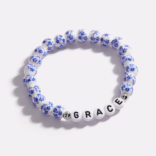 Custom Name Blue Porcelain Floral Beaded Bracelet