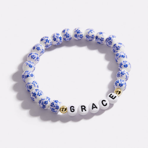Custom Name Blue Porcelain Floral Beaded Bracelet