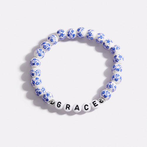 Custom Name Blue Porcelain Floral Beaded Bracelet