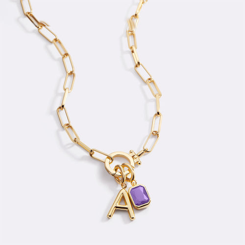 Mint Paperclip Necklace with Initial & Birthstone Charm