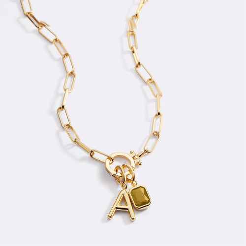 Mint Paperclip Necklace with Initial & Birthstone Charm