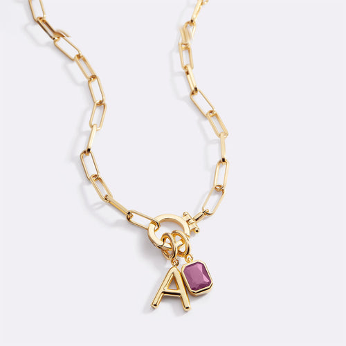 Mint Paperclip Necklace with Initial & Birthstone Charm