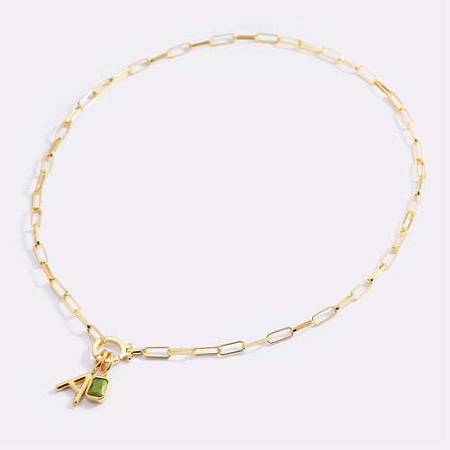 Mint Paperclip Necklace with Initial & Birthstone Charm