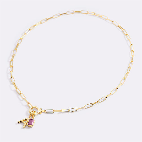 Mint Paperclip Necklace with Initial & Birthstone Charm