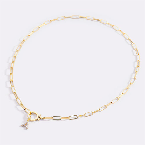 Mint Paperclip Necklace with Pave Initial Charm