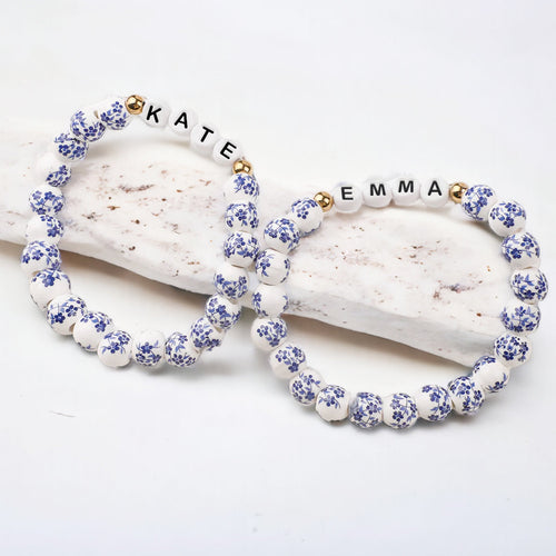 Custom Name Blue Porcelain Floral Beaded Bracelet