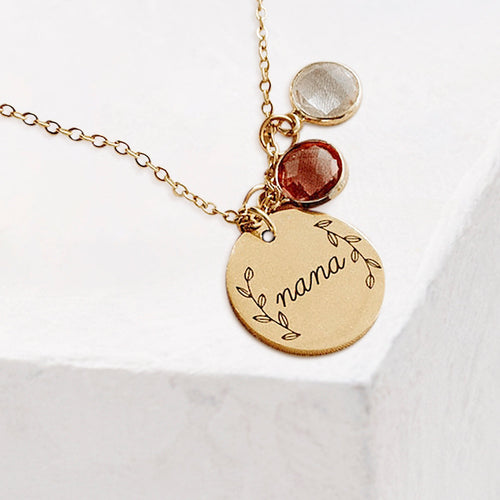 Engraved Birthstone Pendant Necklace with Leaves