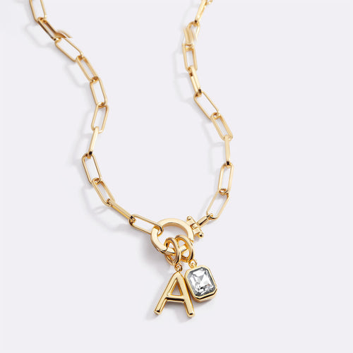 Mint Paperclip Necklace with Initial & Birthstone Charm