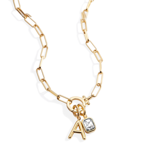 Mint Paperclip Necklace with Initial & Birthstone Charm