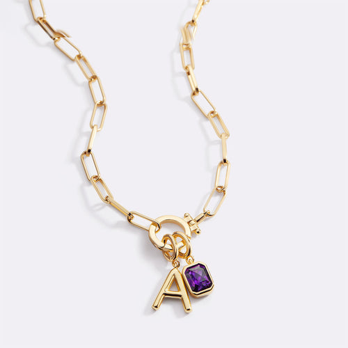 Mint Paperclip Necklace with Initial & Birthstone Charm