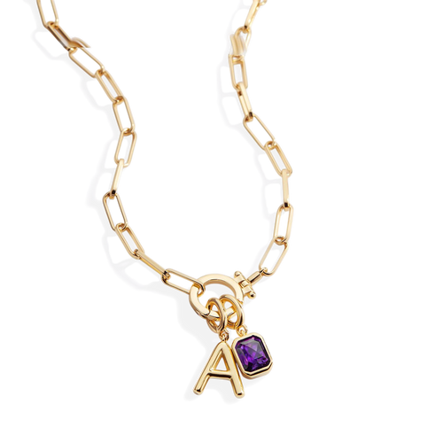 Mint Paperclip Necklace with Initial & Birthstone Charm