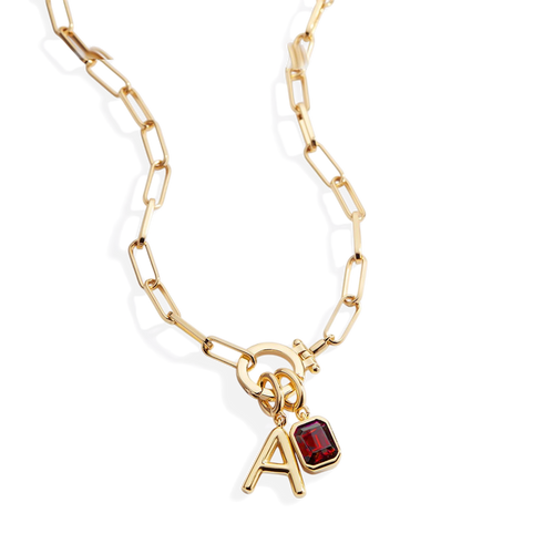 Mint Paperclip Necklace with Initial & Birthstone Charm