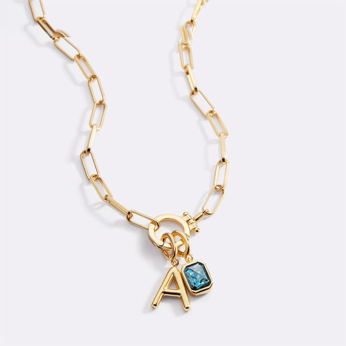 Mint Paperclip Necklace with Initial & Birthstone Charm