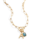 Mint Paperclip Necklace with Initial & Birthstone Charm