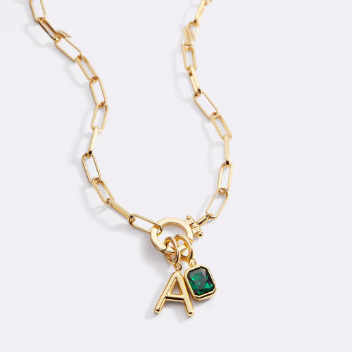 Mint Paperclip Necklace with Initial & Birthstone Charm