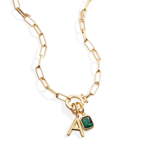 Mint Paperclip Necklace with Initial & Birthstone Charm