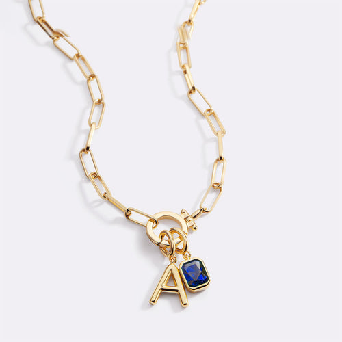 Mint Paperclip Necklace with Initial & Birthstone Charm