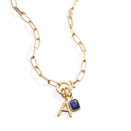 Mint Paperclip Necklace with Initial & Birthstone Charm