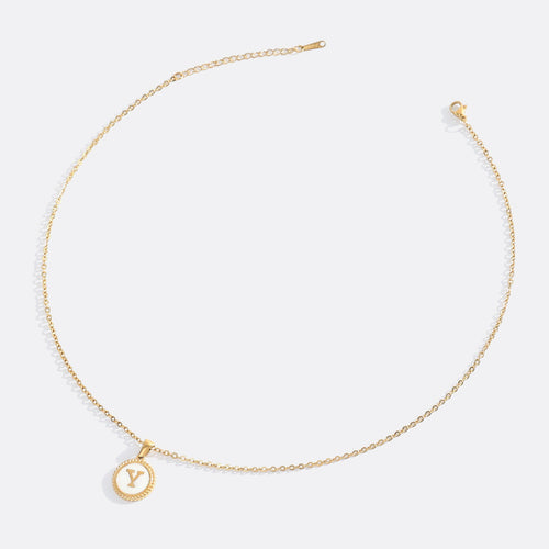 Mother of Pearl Disc Letter Necklace with Cable Chain