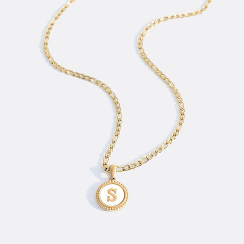 Mother of Pearl Disc Letter Necklace with Figaro Chain