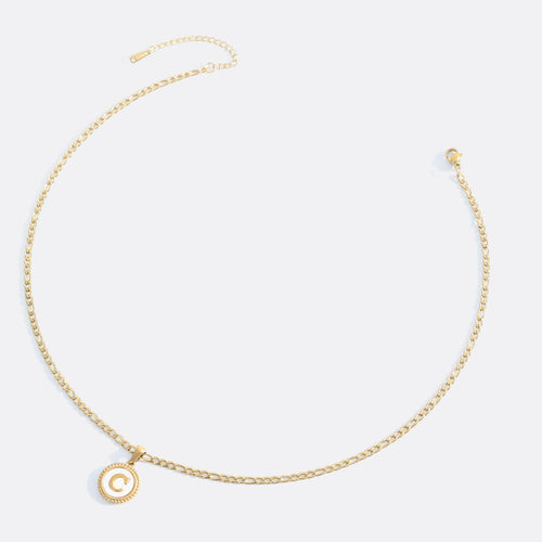 Mother of Pearl Disc Letter Necklace with Figaro Chain