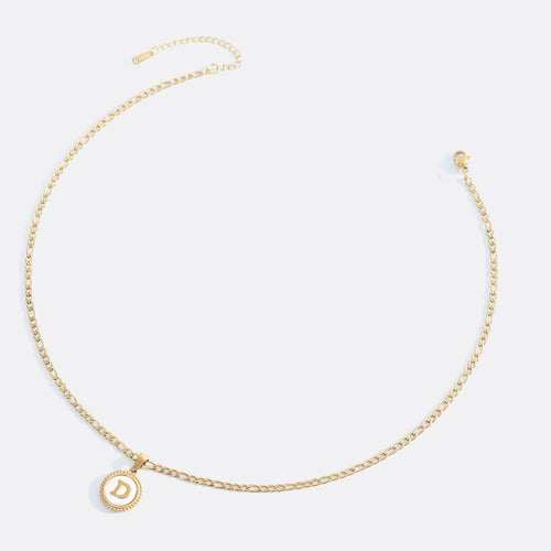 Mother of Pearl Disc Letter Necklace with Figaro Chain