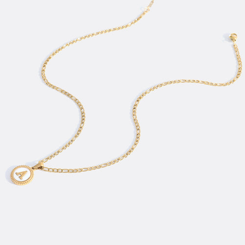 Mother of Pearl Disc Letter Necklace with Figaro Chain