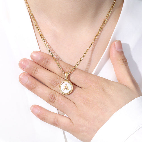 Mother of Pearl Disc Letter Necklace with Figaro Chain