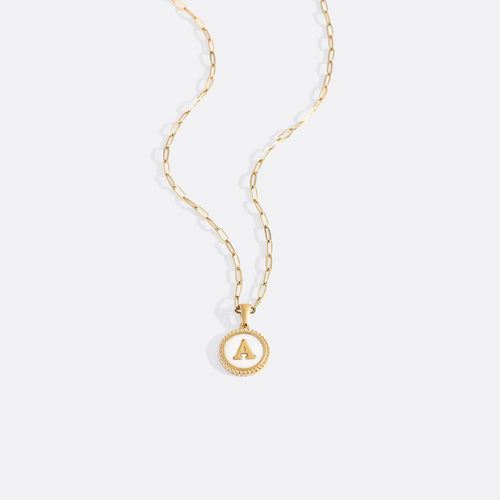 Mother of Pearl Disc Letter Necklace with Paperclip Chain