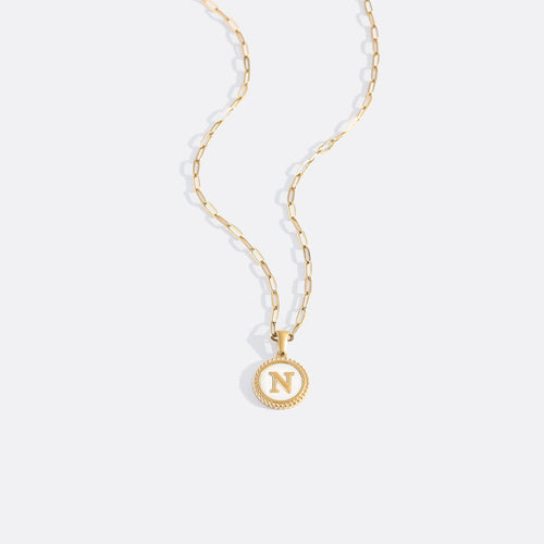 Mother of Pearl Disc Letter Necklace with Paperclip Chain