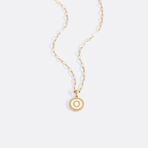 Mother of Pearl Disc Letter Necklace with Paperclip Chain