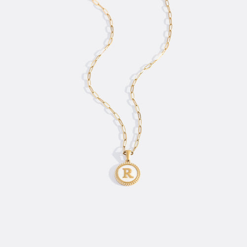 Mother of Pearl Disc Letter Necklace with Paperclip Chain