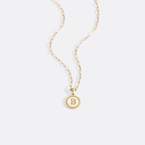 Mother of Pearl Disc Letter Necklace with Paperclip Chain