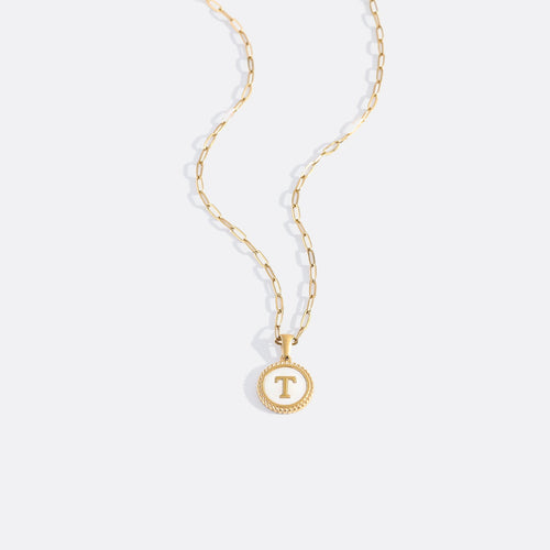 Mother of Pearl Disc Letter Necklace with Paperclip Chain