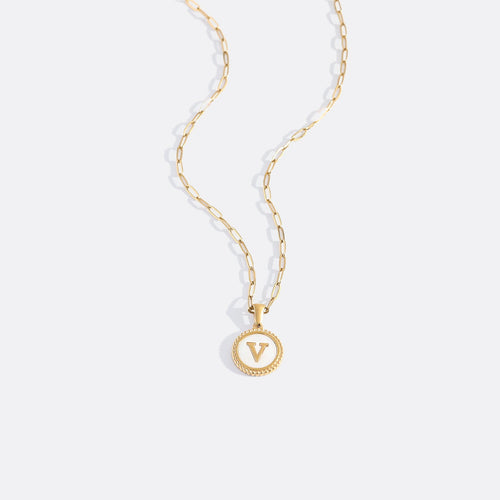 Mother of Pearl Disc Letter Necklace with Paperclip Chain