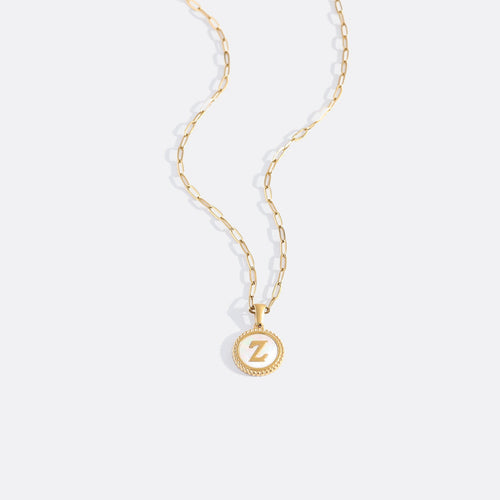 Mother of Pearl Disc Letter Necklace with Paperclip Chain