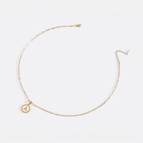 Mother of Pearl Disc Letter Necklace with Paperclip Chain