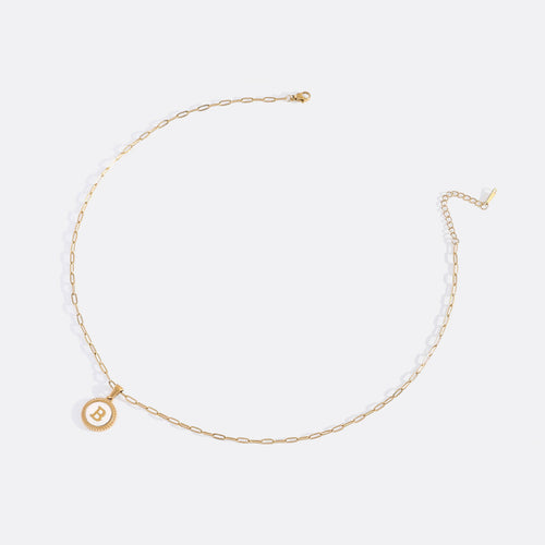 Mother of Pearl Disc Letter Necklace with Paperclip Chain