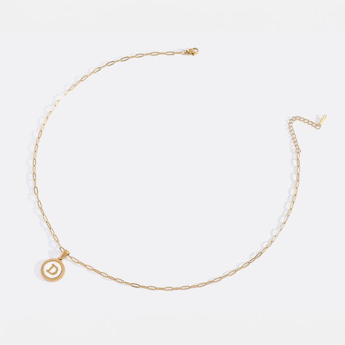 Mother of Pearl Disc Letter Necklace with Paperclip Chain