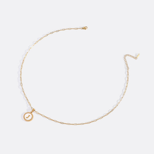 Mother of Pearl Disc Letter Necklace with Paperclip Chain