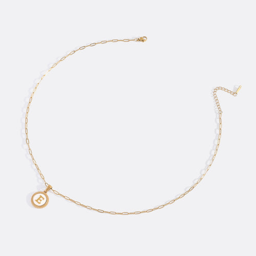 Mother of Pearl Disc Letter Necklace with Paperclip Chain