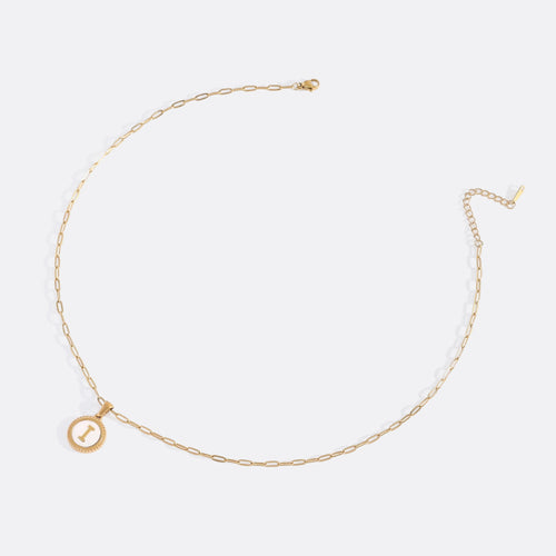 Mother of Pearl Disc Letter Necklace with Paperclip Chain
