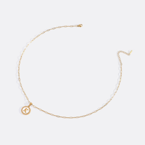 Mother of Pearl Disc Letter Necklace with Paperclip Chain