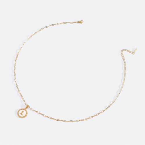 Mother of Pearl Disc Letter Necklace with Paperclip Chain