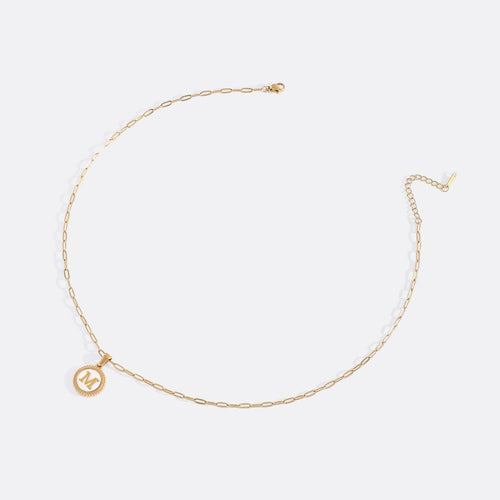 Mother of Pearl Disc Letter Necklace with Paperclip Chain