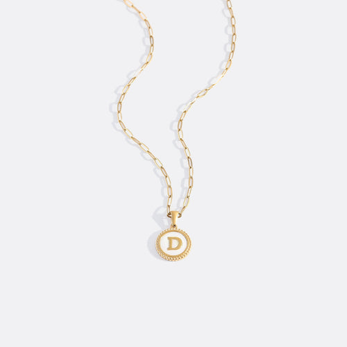 Mother of Pearl Disc Letter Necklace with Paperclip Chain