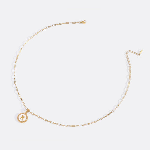 Mother of Pearl Disc Letter Necklace with Paperclip Chain