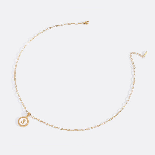 Mother of Pearl Disc Letter Necklace with Paperclip Chain