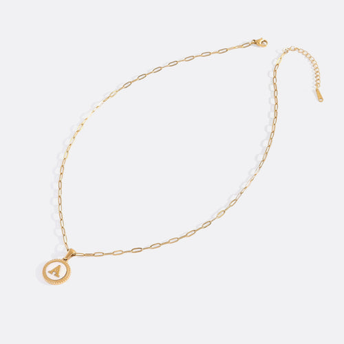 Mother of Pearl Disc Letter Necklace with Paperclip Chain
