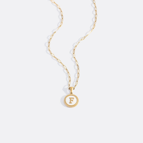 Mother of Pearl Disc Letter Necklace with Paperclip Chain